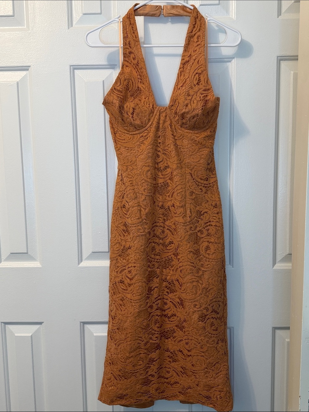 Bardot Riviera Corset Dress Halter Floral Lace Overlay Orange Rust Size M